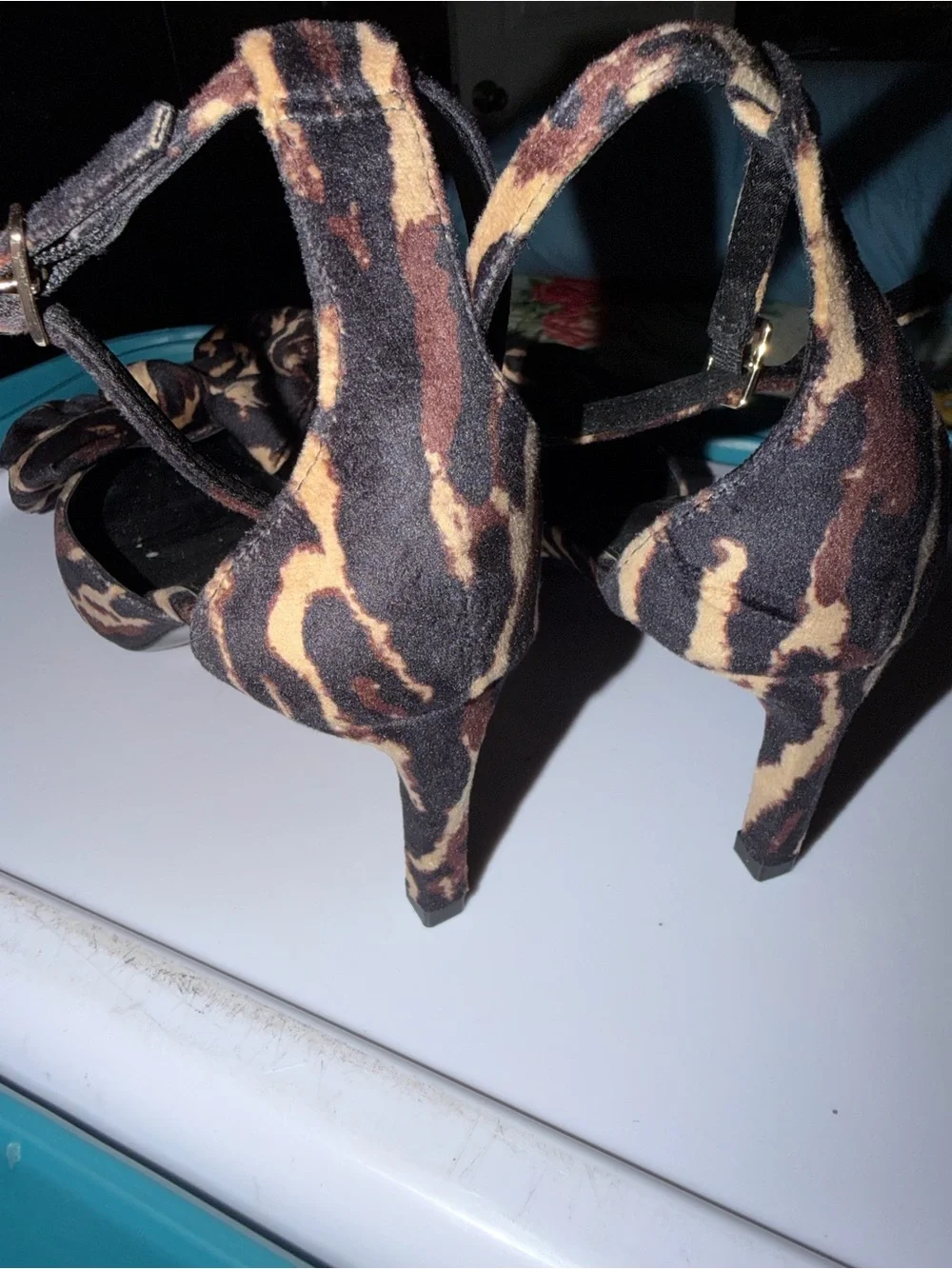 Zara Black and Tan Leopard Print Bow Ankle-Strap Heels